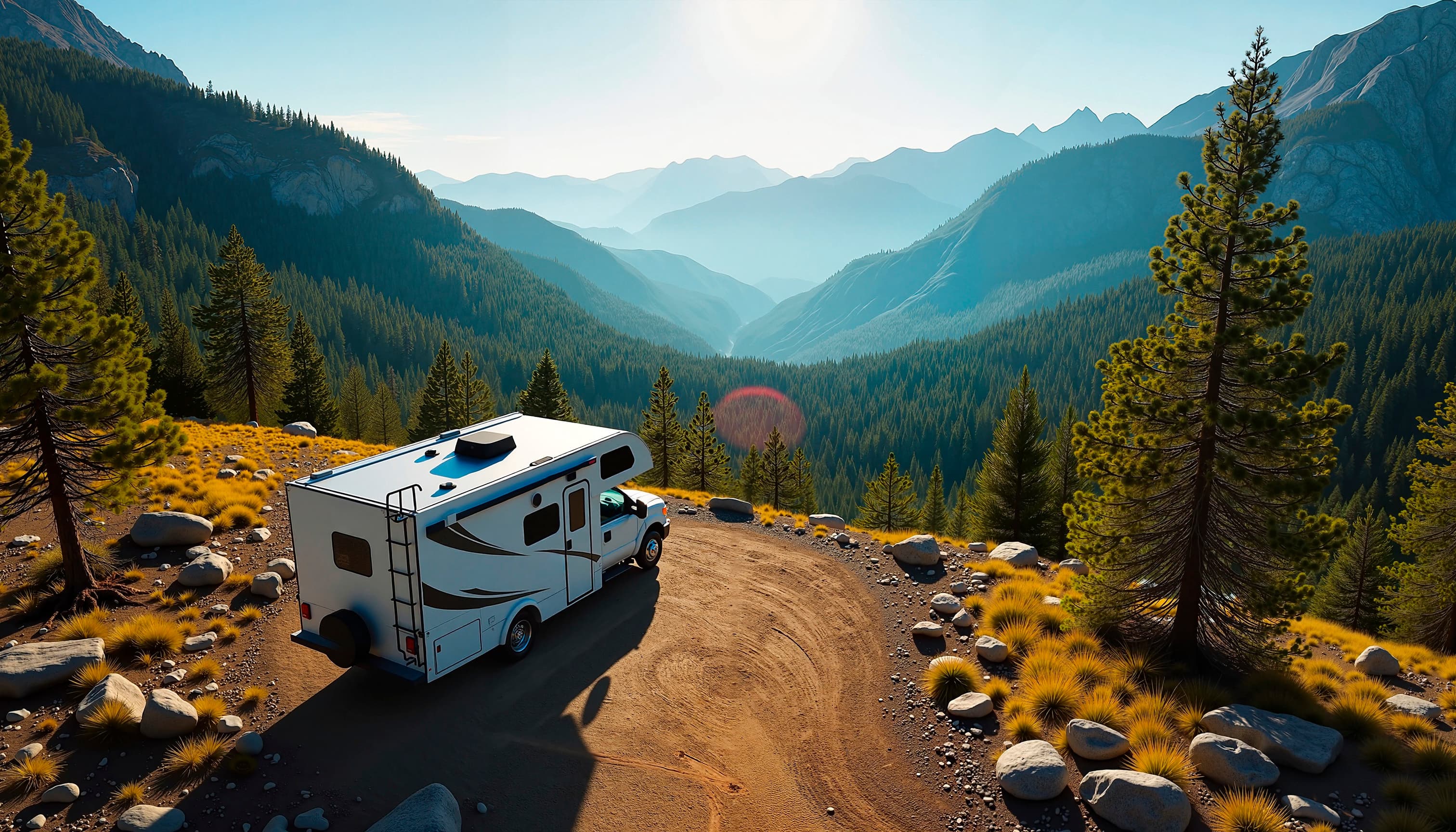 Camper van on a mountain road using wireless internet